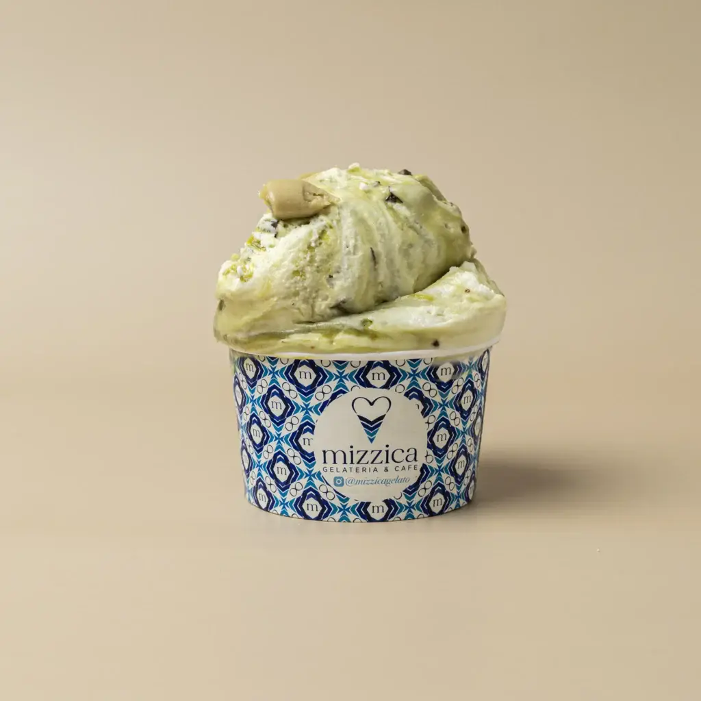 Trays of freshly churned Mizzica gelato in the display case