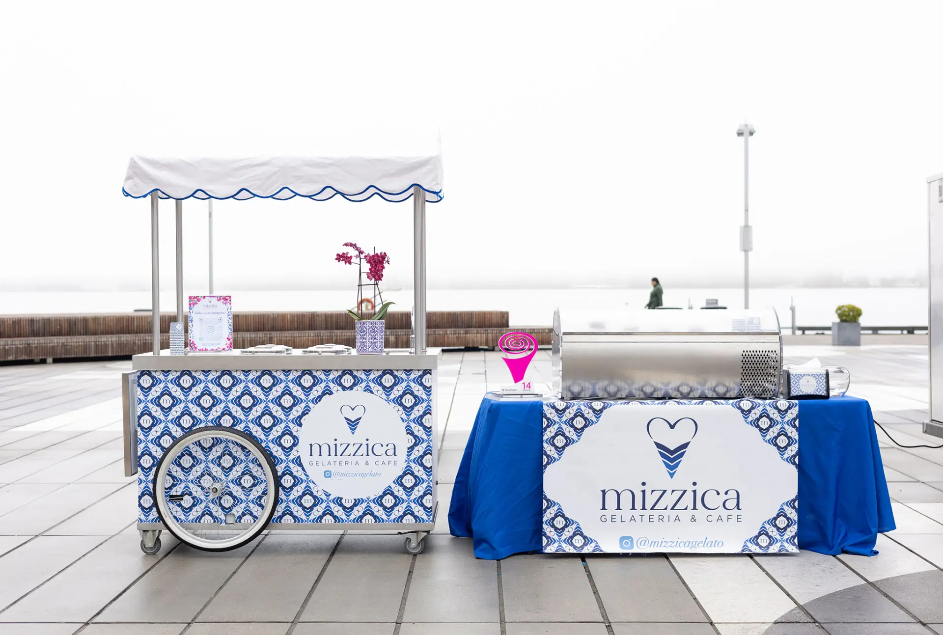 The Mizzica gelato cart and a branded catering table set up outdoors at Toronto's Harbourfront