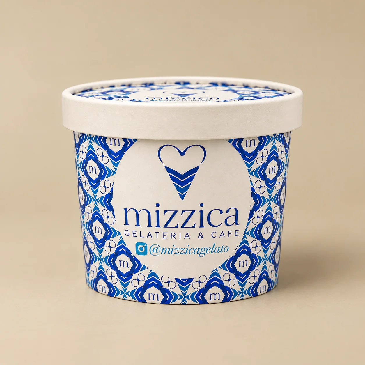 Mizzica gelato pint in blue-and-white patterned packaging